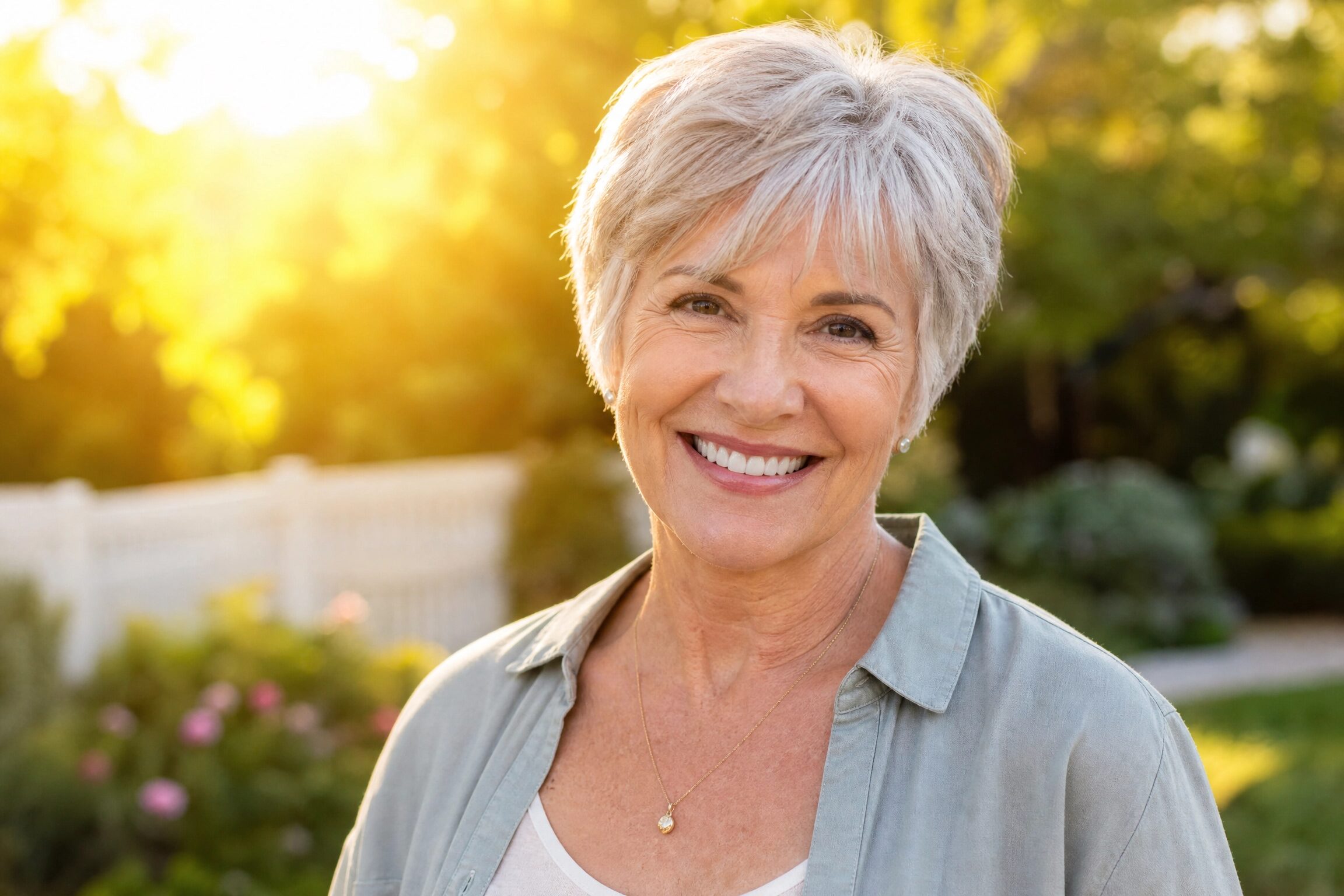 Happy mature woman with beautiful smile after dentures at Anderson Smile Center Cincinnati