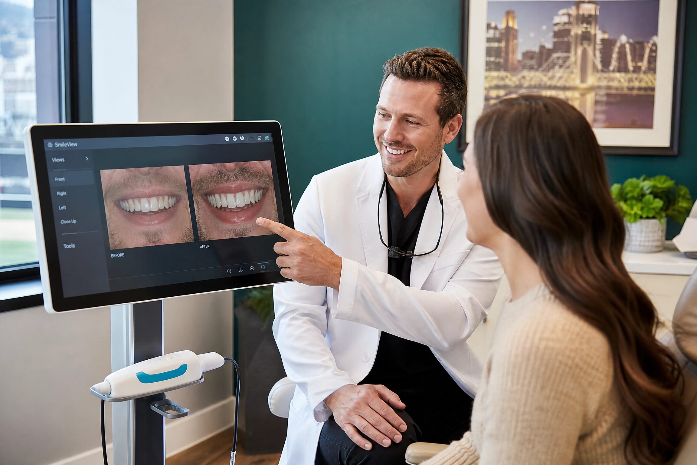 Dentist consulting with patient about smile makeover