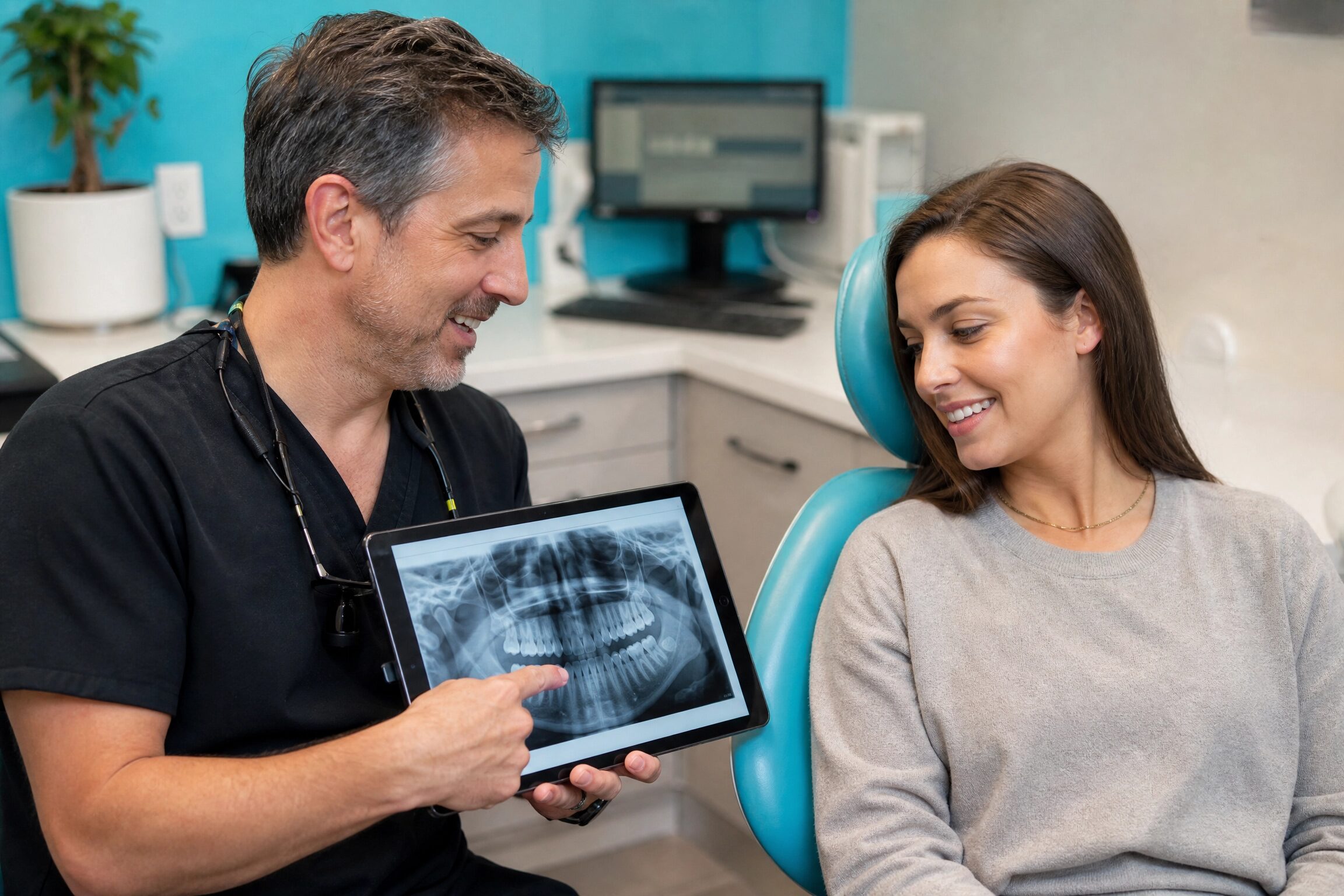 Dentist reviewing wisdom teeth panoramic X-ray with patient at Anderson Smile Center Cincinnati