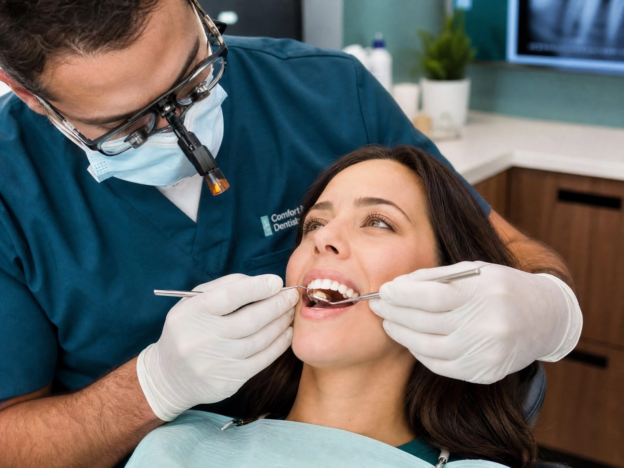 Dentist carefully placing a custom dental crown at Anderson Smile Center
