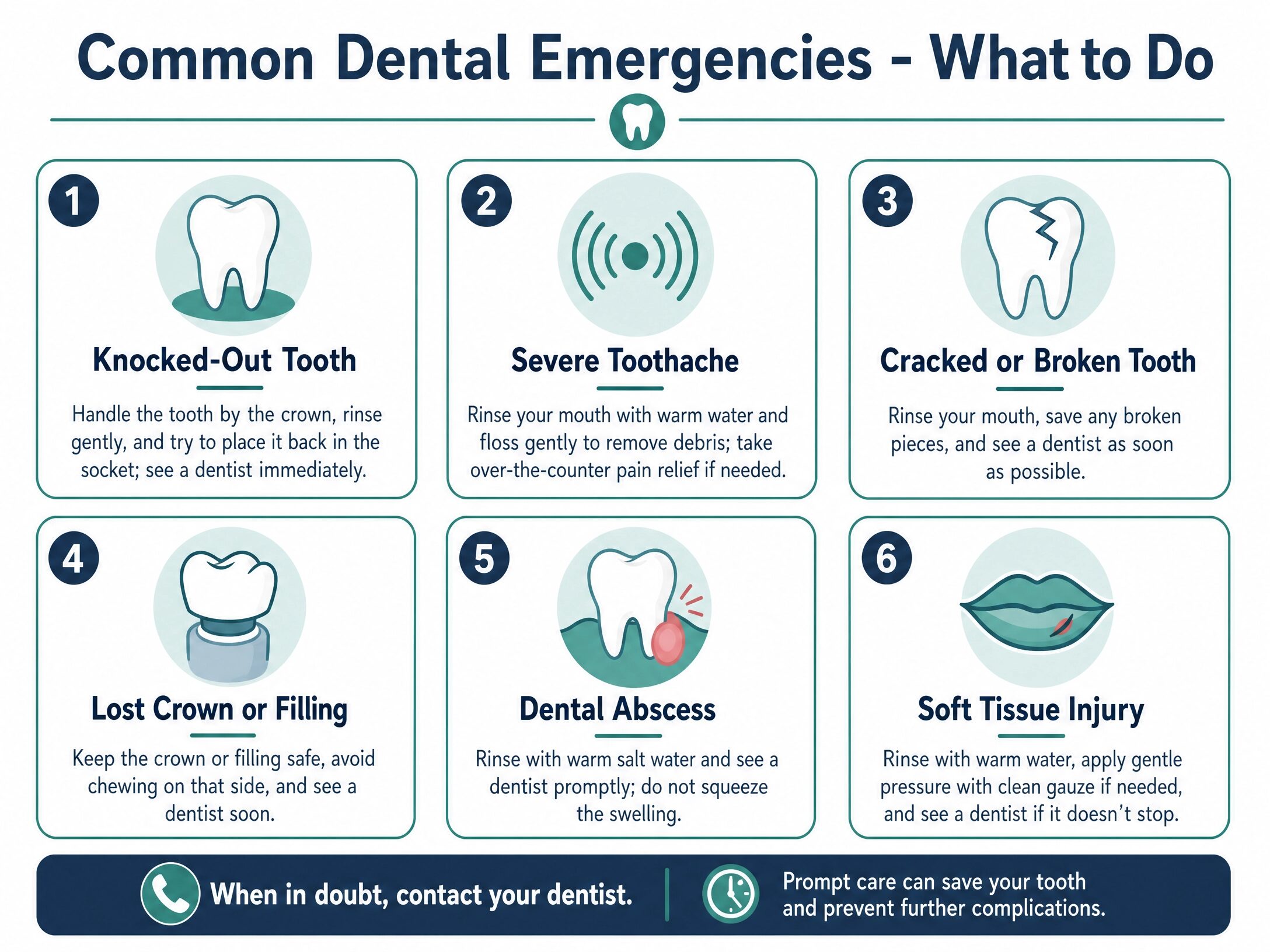 Infographic detailing first aid steps for common dental emergencies