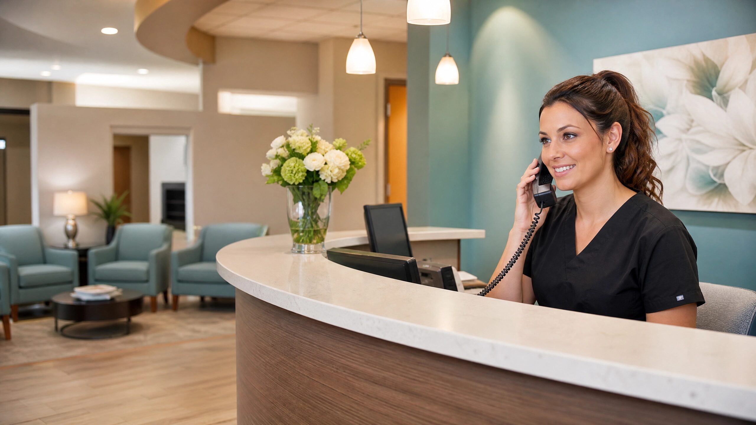 Compassionate dental receptionist answering an emergency phone call