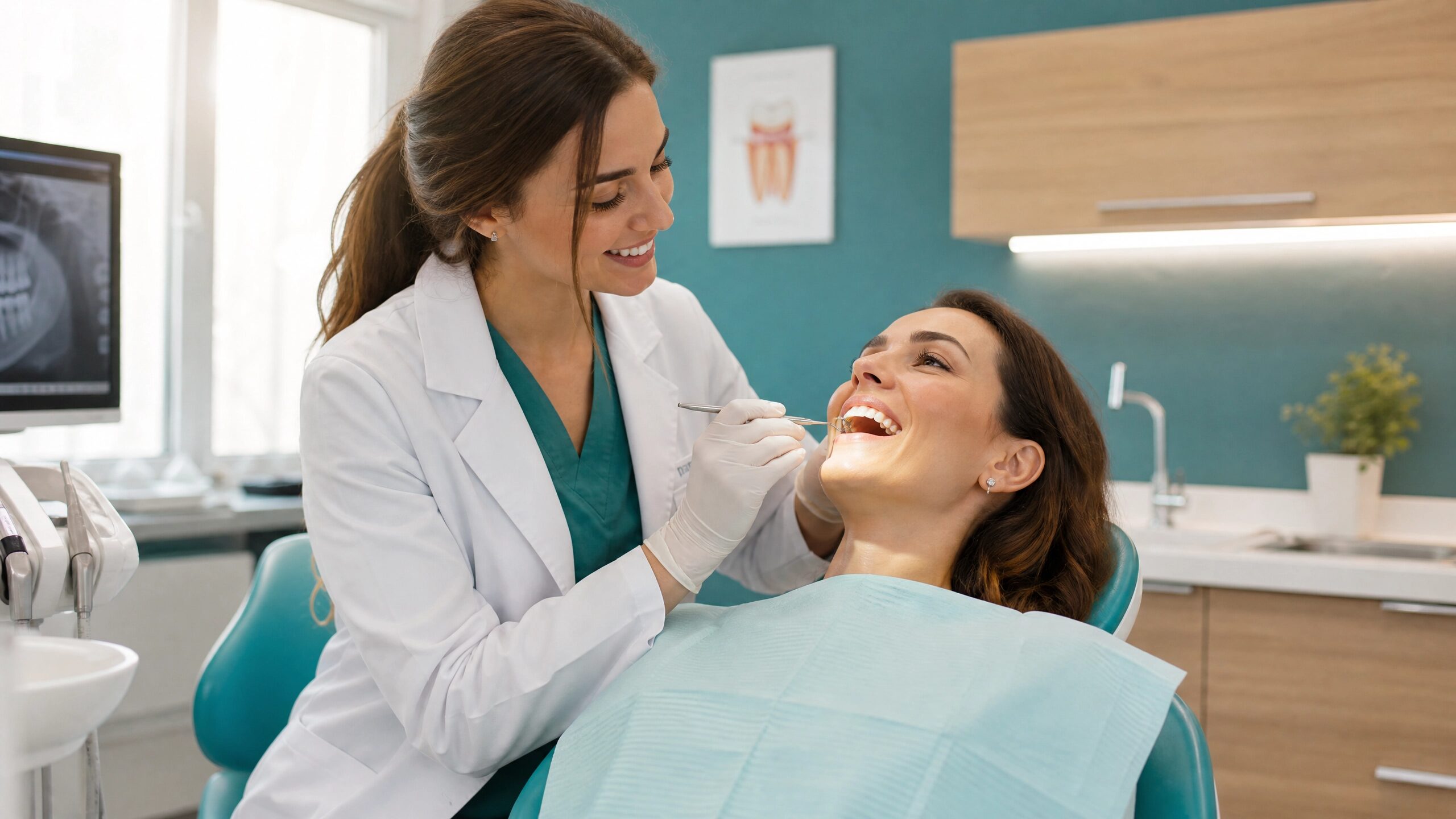 Friendly dentist examining a patient in a modern dental office