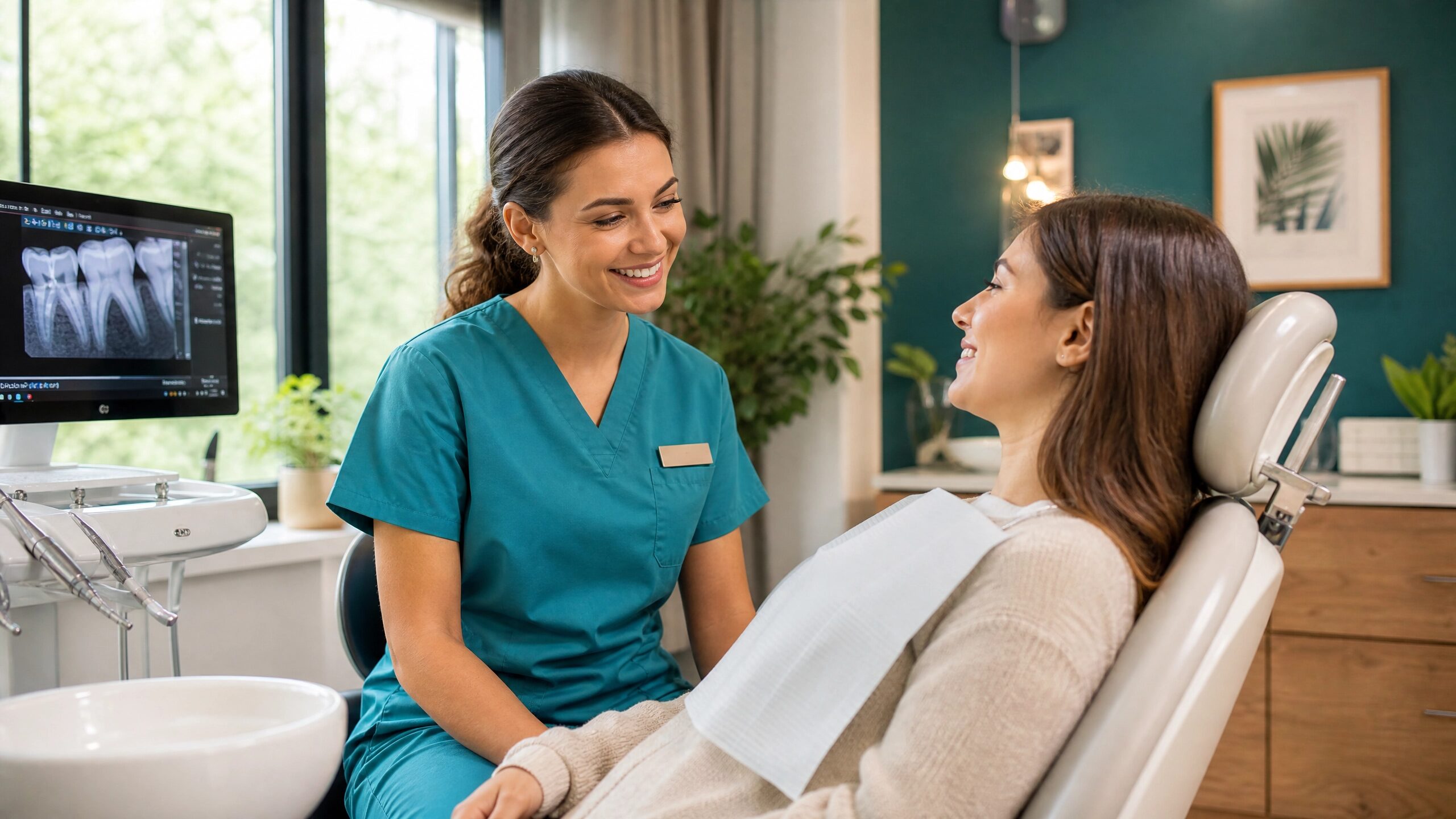 Friendly dentist reassuring a relaxed patient in a modern dental office