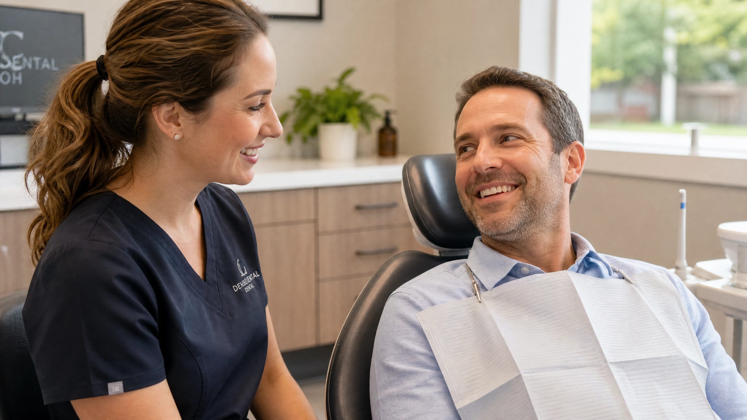 Dental hygienist smiling with a patient during a preventive dental checkup