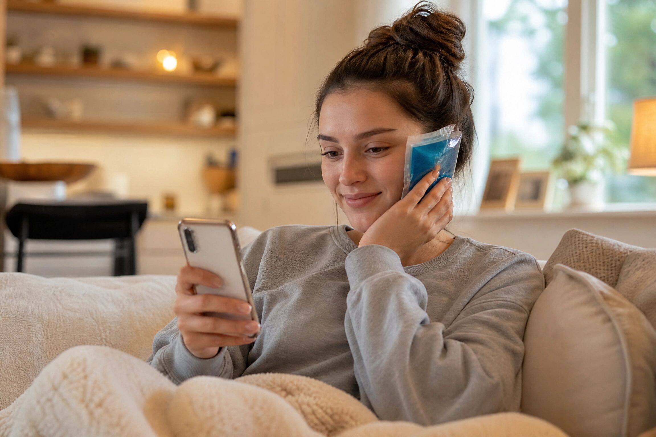 Young woman recovering comfortably at home after wisdom teeth removal at Anderson Smile Center