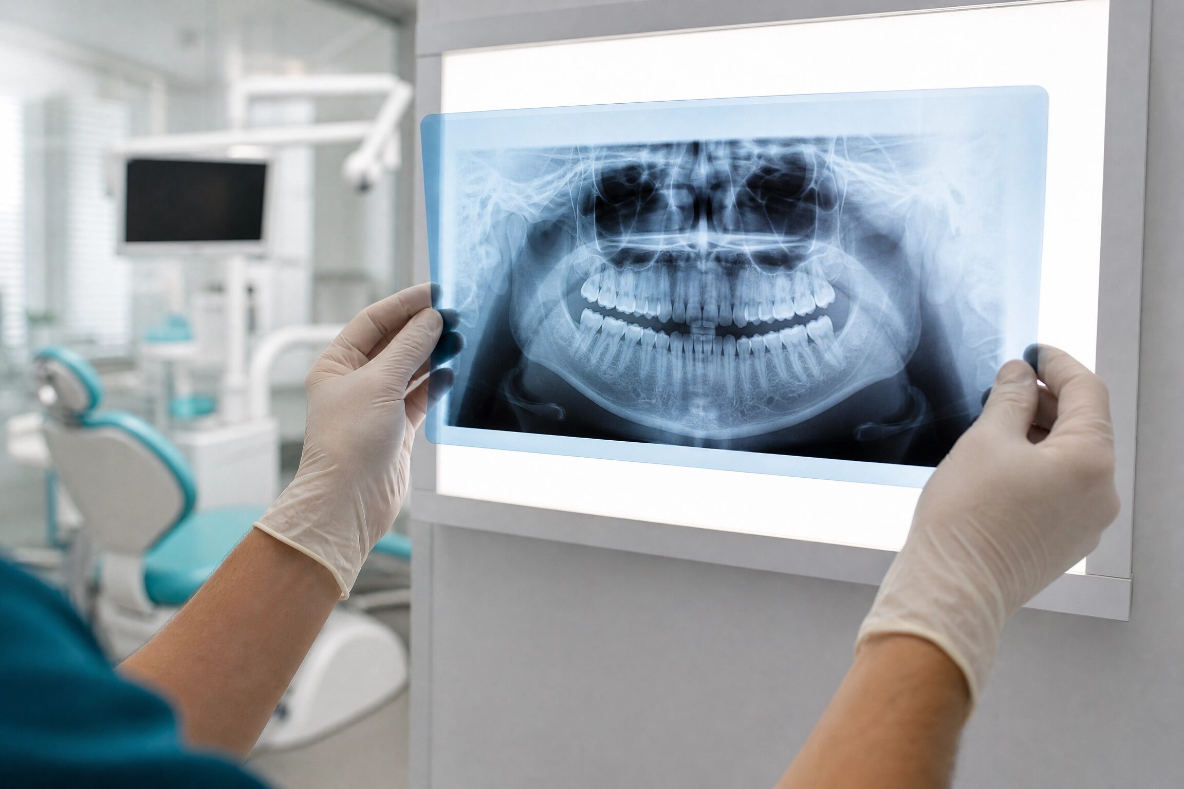 Dentist examining panoramic X-ray for wisdom teeth assessment at Anderson Smile Center Cincinnati